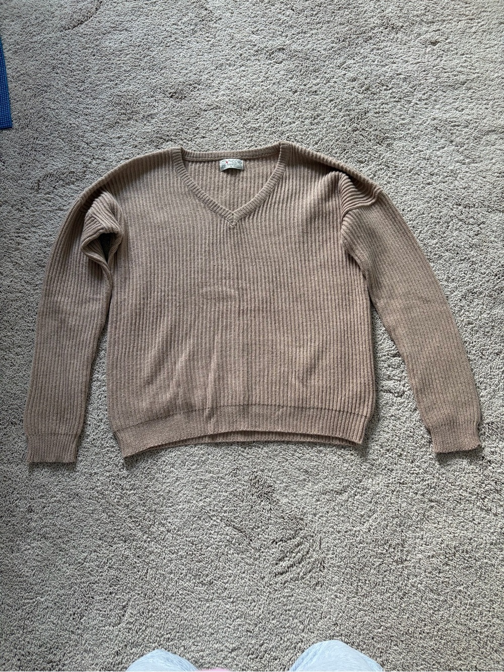 V-Neck Ribbed Knit Sweater in Taupe